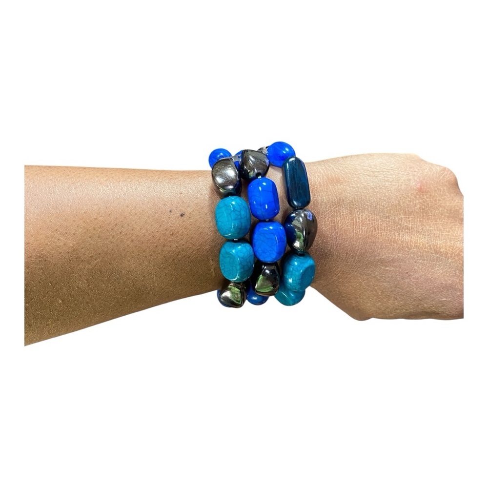 Blue and Silver Beaded Stretch Bracelet Set